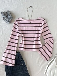 SHEIN Pink & Brown Striped Off-Shoulder Flare Long Sleeve T-Shirt, Women's Spring/Autumn Slim Fit Cropped Waist-Cinching Inner Layer Top - Multicolor - View 3