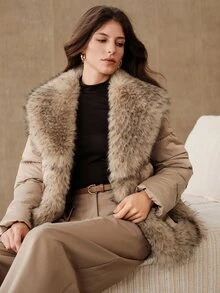 Anewsta Women's Khaki Elegant Commute Padded Coat With Large Fur Collar - Khaki - View 1