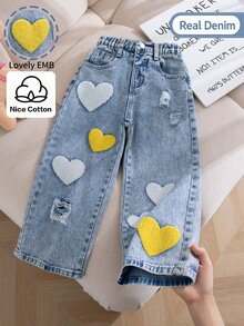 女童可愛愛心毛巾刺繡牛仔褲，兒童復古淺藍水洗毛圈布3D愛心寬腿褲，幼兒時尚鬆緊腰直筒寬腿長褲 - 淺色水洗藍 - 查看 3