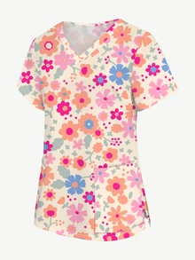 PopScrub Women's Cute Cartoon Print Pocket Short Sleeve Scrub Top - Multicolor - View 4