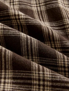 SWAVVY 1pc Ultra Loose Cotton Plaid Print Drop Shoulder Shirt - Coffee Brown - View 5