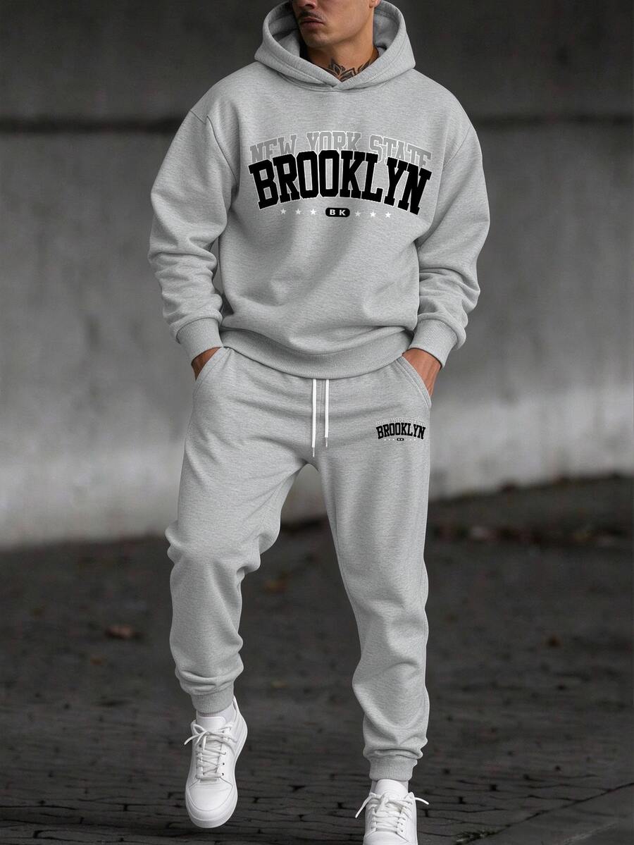 NEOREFINED 男士灰色 Brooklyn New York State 字母星星印花連帽衫套裝,套頭連帽衫搭配慢跑運動長褲,復古街頭風健身運動,冬季 - 灰色 - 查看 1