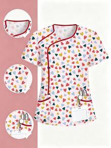 PopScrub Women's Casual Light Pink Colorful Heart Print Scrub Top, Fashion V-Neck Short Sleeve Contrast Color Patchwork Trim Healthcare Scrub Uniform, Double Pocket Nurse Scrub Uniform Top, Spring/Autumn Work Scrub Uniform - Multicolor - View 1