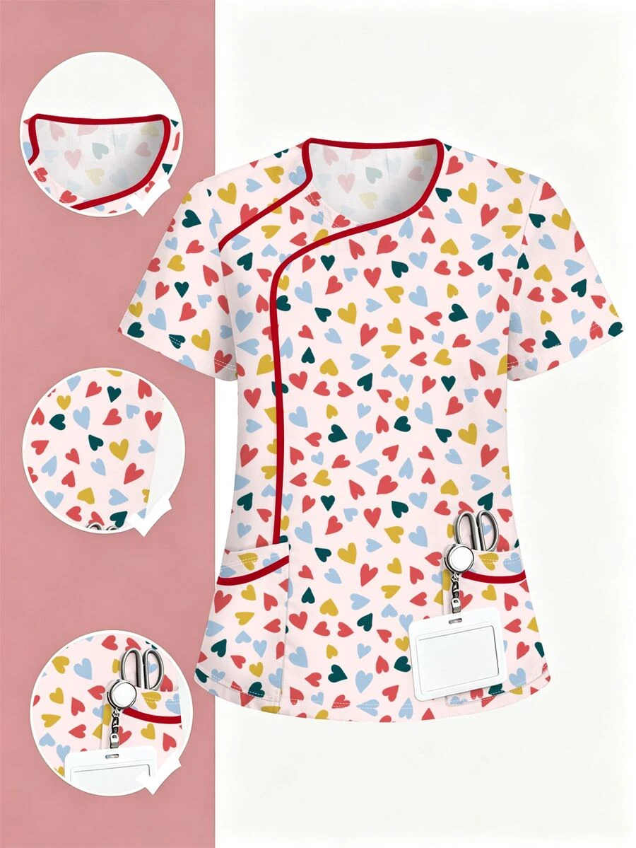 PopScrub Women's Casual Light Pink Colorful Heart Print Scrub Top, Fashion V-Neck Short Sleeve Contrast Color Patchwork Trim Healthcare Scrub Uniform, Double Pocket Nurse Scrub Uniform Top, Spring/Autumn Work Scrub Uniform - Multicolor - View 1