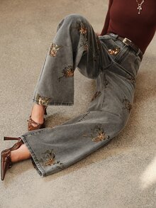 Anewsta Women's New Fashion Heavy Embroidery Beaded Sequined Black & Grey Straight Leg Pants - Grey - View 4