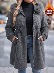 SHEIN LUNE CURVE Plus Size Women's Plush Patchwork Casual Versatile Long Sleeve Hooded Jacket Winter - Dark Grey - View 1