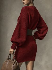 SHEIN 女款純色船領修身針織洋裝 - 酒紅色 - 查看 2