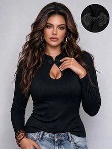 Ceyna Plus Size Women's French Casual Frog Button Long Sleeve Top, Autumn Solid Color Ribbed Slim Fit Base Layer, Water Drop Hollow Design, Inner Wear For Daily Commute And Date, Chinese Style Flattering Versatile Long Sleeve T-Shirt, Slim Fit To Highlight Curves And Create Atmospheric Look - Black - View 5