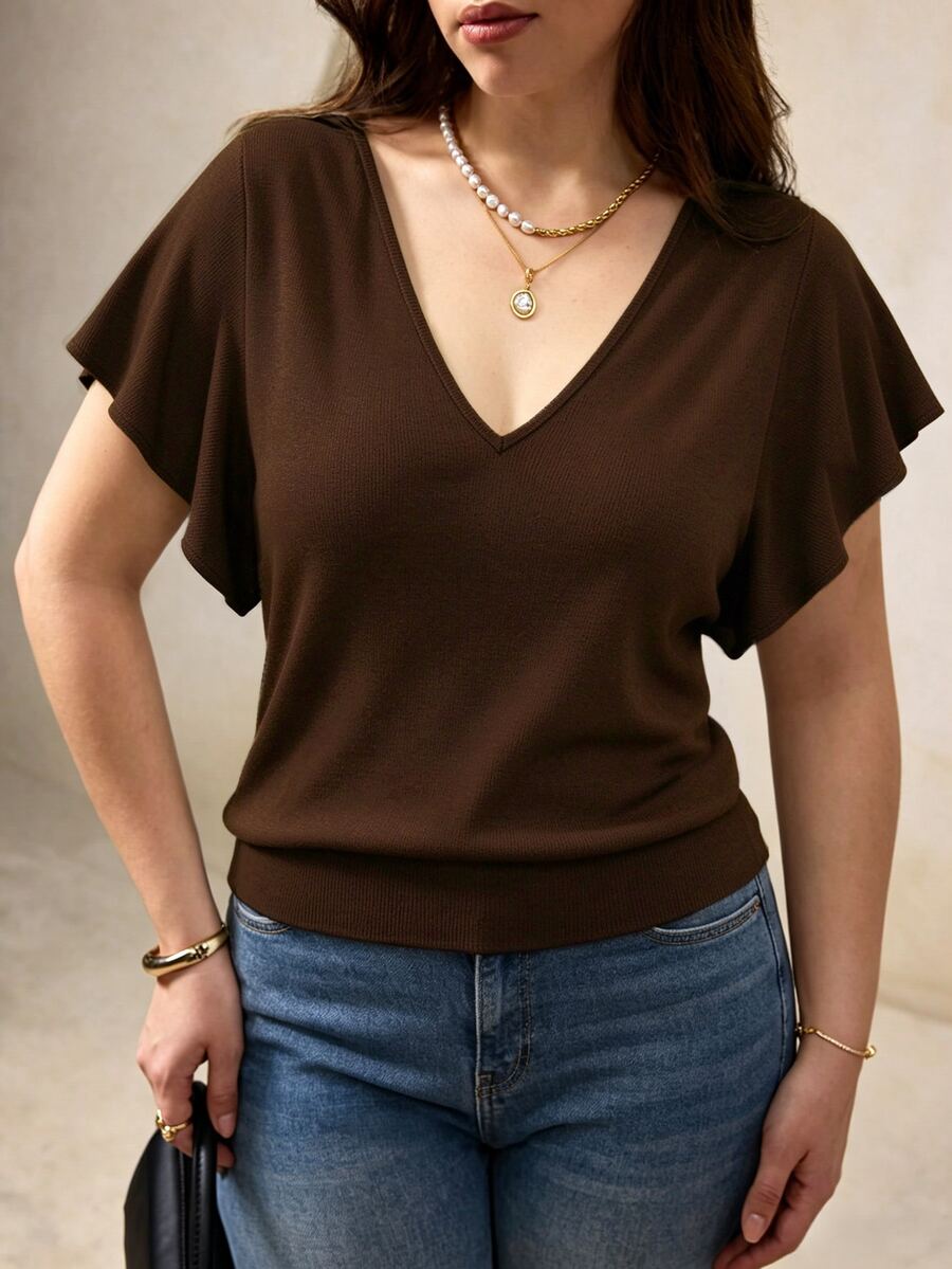 Elegantrix Plus Size Casual Commute Solid Color Ruffle Sleeve T-Shirt - Chocolate Brown - View 1