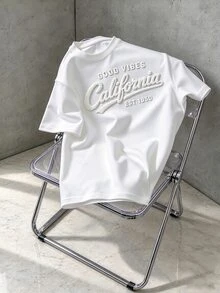Daypath 3D Embroidered California Lettering Loose-Fit White Polyester Crew Neck Short Sleeve T-Shirt For Streetwear - White - View 5