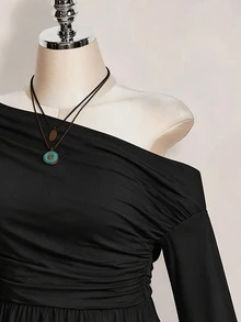 SHEIN ICON 休閒大尺碼黑色不對稱單肩長袖洋裝，派對穿搭 - 彩色 - 查看 7