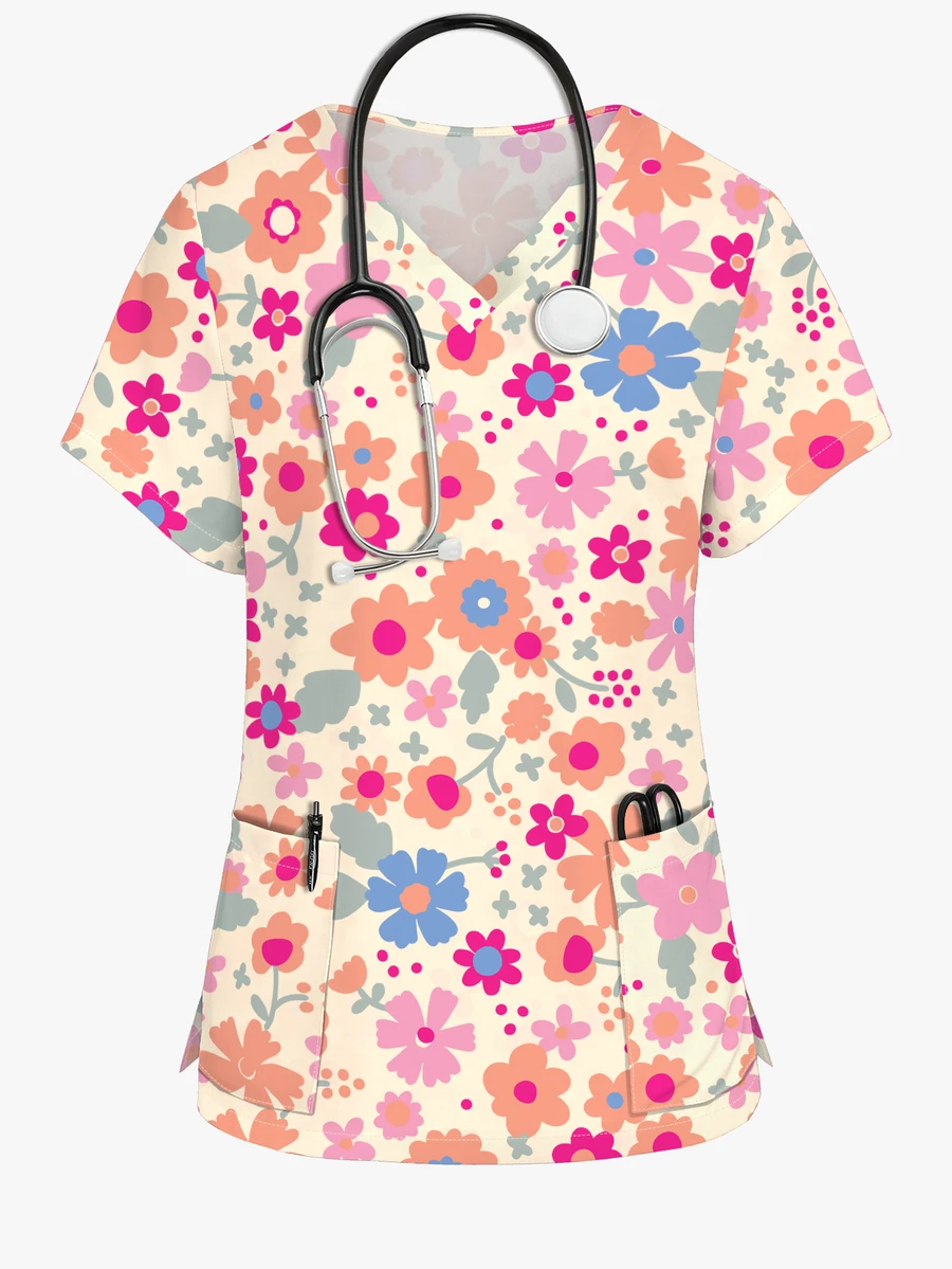 PopScrub Women's Cute Cartoon Print Pocket Short Sleeve Scrub Top - Multicolor - View 1