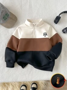 SHEIN Young Boy Colorblock Patchwork Knit Soft Crew Neck Long Sleeve Pullover Half-Zip Sweatshirt, Versatile And Comfortable For Autumn/Winter - Coffee Brown - View 1