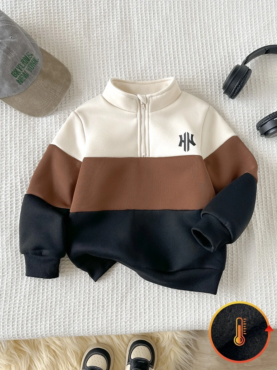SHEIN Young Boy Colorblock Patchwork Knit Soft Crew Neck Long Sleeve Pullover Half-Zip Sweatshirt, Versatile And Comfortable For Autumn/Winter - Coffee Brown - View 1