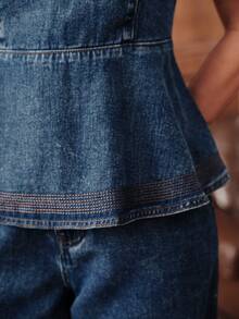 Anewsta Women's New Fashion Waist-Cinching Ruffle Hem Design Embroidered Blue Jeans Tank Top - Blue - View 2