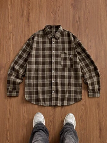 SWAVVY 1pc Ultra Loose Cotton Plaid Print Drop Shoulder Shirt - Coffee Brown - View 7