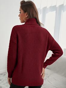 Plus Size Women's Solid Color Casual Daily Long Sleeve Sweater - Burgundy - View 2