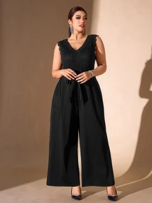 Cravure French Vintage Elegant Fashion Casual Lace Patchwork Ruffle Waist Tie Jumpsuit - Black - View 7
