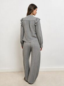 Nöista 格紋襯衫與長褲套裝，對比滾邊設計，適合秋冬穿搭，優雅造型，聖誕慶祝活動 - 薄荷藍 - 查看 5