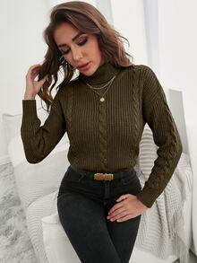 SHEIN كنزة صوفية بأكمام طويلة بلون موحد للنساء ذوات المقاسات الكبيرة للارتداء اليومي العادي - أخضر داكن - مشاهدة 6
