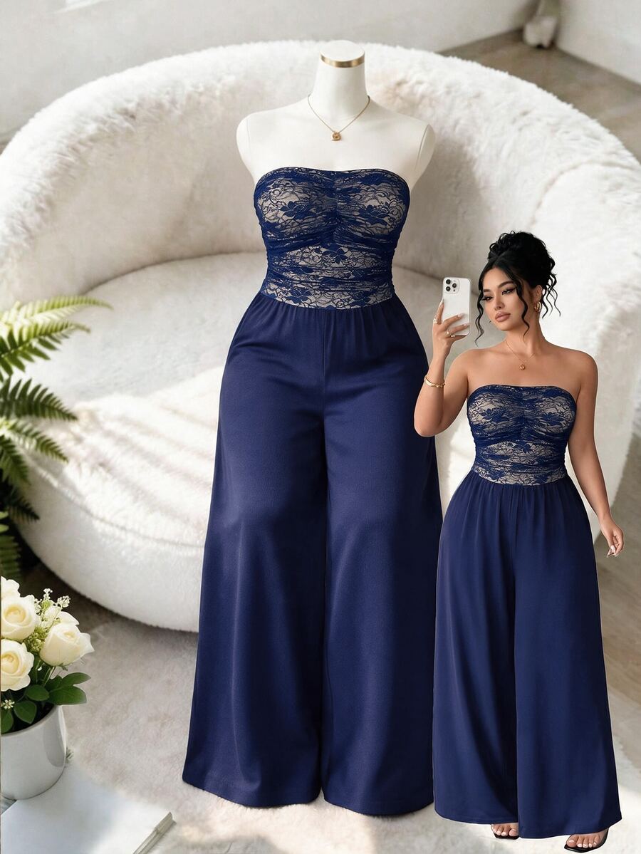 Cravure Plus Size Women's Strapless Ruched Wide Leg Knit Jumpsuit Cocktail Date Night Black Summer Sexy 70's - Navy Blue - View 1