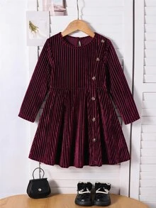 SHEIN 女童優雅圓領套頭開衩設計中長洋裝，長袖鈕扣，適合青少年女童，秋冬酒紅色生日禮服 - 酒紅色 - 查看 7