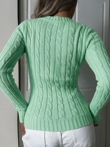 SHEIN EZwear 女款休閒V領長袖針織毛衣，酒紅色，秋季，校園，返校季騎士圖案日常極簡聖誕上衣，紅色上衣 - 薄荷綠 - 查看 2