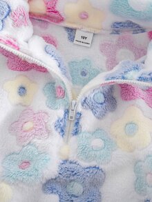 SHEIN 1件大童女孩寬鬆立領半拉鍊抓絨套頭衛衣，休閒款，秋冬度假風，白色與黑色 - 白色 - 查看 5