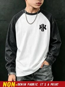 青少年男孩休閒拼色圓領長袖T恤，寬鬆復古街頭風拼色圓領T恤，適合秋冬穿著 - 黑色 - 查看 1