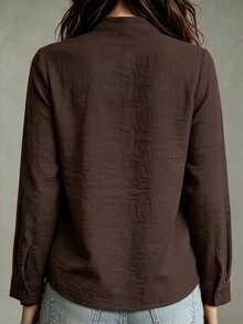 Linhara CURVE 春秋立領不對稱前開襟盤扣中式襯衫，休閒通勤茶會極簡梭織寬鬆大碼女式上衣 - 摩卡棕 - 查看 2