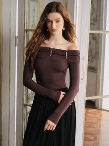 Anewsta Women's Faux Pearl Decorated Long Sleeve Top Streetwear - Coffee Brown - View 5
