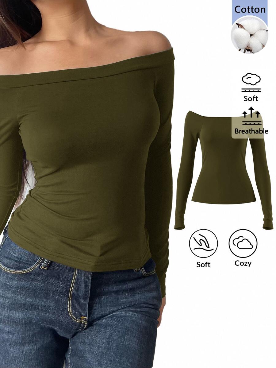 SHEIN BASICS 女款休閒極簡基本款性感純色露肩長袖修身正裝上衣 海軍藍 日常外出約會秋季上衣 - 軍綠色 - 查看 1