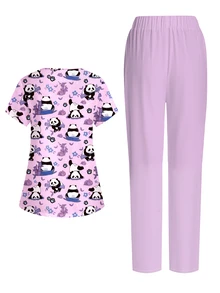 PopScrub Women Scrub Sets Navy Blue,Maid,Work,Cartoon Nurse Short Sleeve V Neck Print Top And Bottoms Set,2 Pockets Soft Stretchy Ruched Uniform Shirt Blouse - Multicolor - View 2