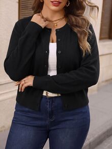 Miaspire Plus Size Women Solid Color Long Sleeve Single-Breasted Knit Cardigan - Black - View 5