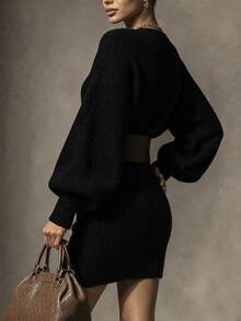 SHEIN 女款純色船領修身針織洋裝 - 黑色 - 查看 2