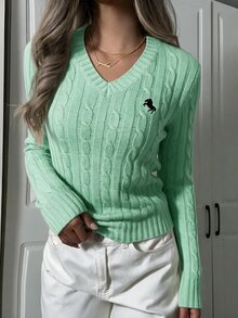 SHEIN EZwear 女款休閒V領長袖針織毛衣，酒紅色，秋季，校園，返校季騎士圖案日常極簡聖誕上衣，紅色上衣 - 薄荷綠 - 查看 6