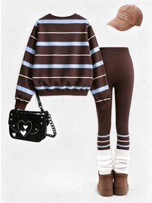 (1 Set) Tween Girls Autumn/Winter Casual Fashion Blue & Brown Horizontal Striped Colorblock Crew Neck Sweatshirt With Leggings - Multicolor - View 2