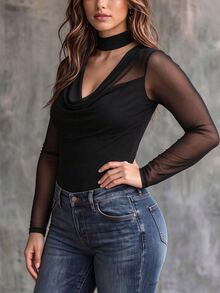 Linhara CURVE Plus Size Women's Urban Street Style Mesh Patchwork Halter V-Neck Fitted Long Sleeve T-Shirt For Outings, Work And Commute - Black - View 3
