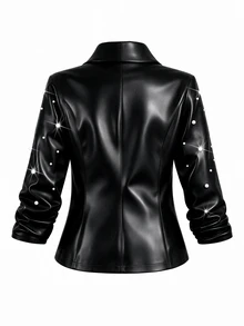 SHEIN LUNE CURVE Plus Size Women's PU Leather Casual Smart Jacket With Buttons, Ruched Cuffs, Suitable For Commuting Halloween Formal Going Out Office Black Autumn - Black - View 2