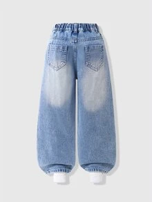 SHEIN 女童蝴蝶結刺繡寬腿牛仔褲 休閒寬鬆水洗丹寧長褲 甜美可愛風 - 淺色水洗藍 - 查看 2