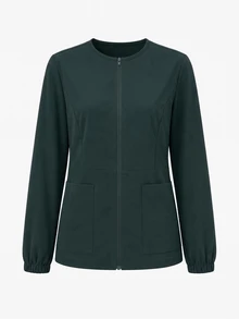 TaskEZ Navy Blue Long Sleeve Zip-Up Crew Neck Large Pocket Convenient Practical Comfortable Daily Scrub Uniform Jacket - Dark Green - View 1
