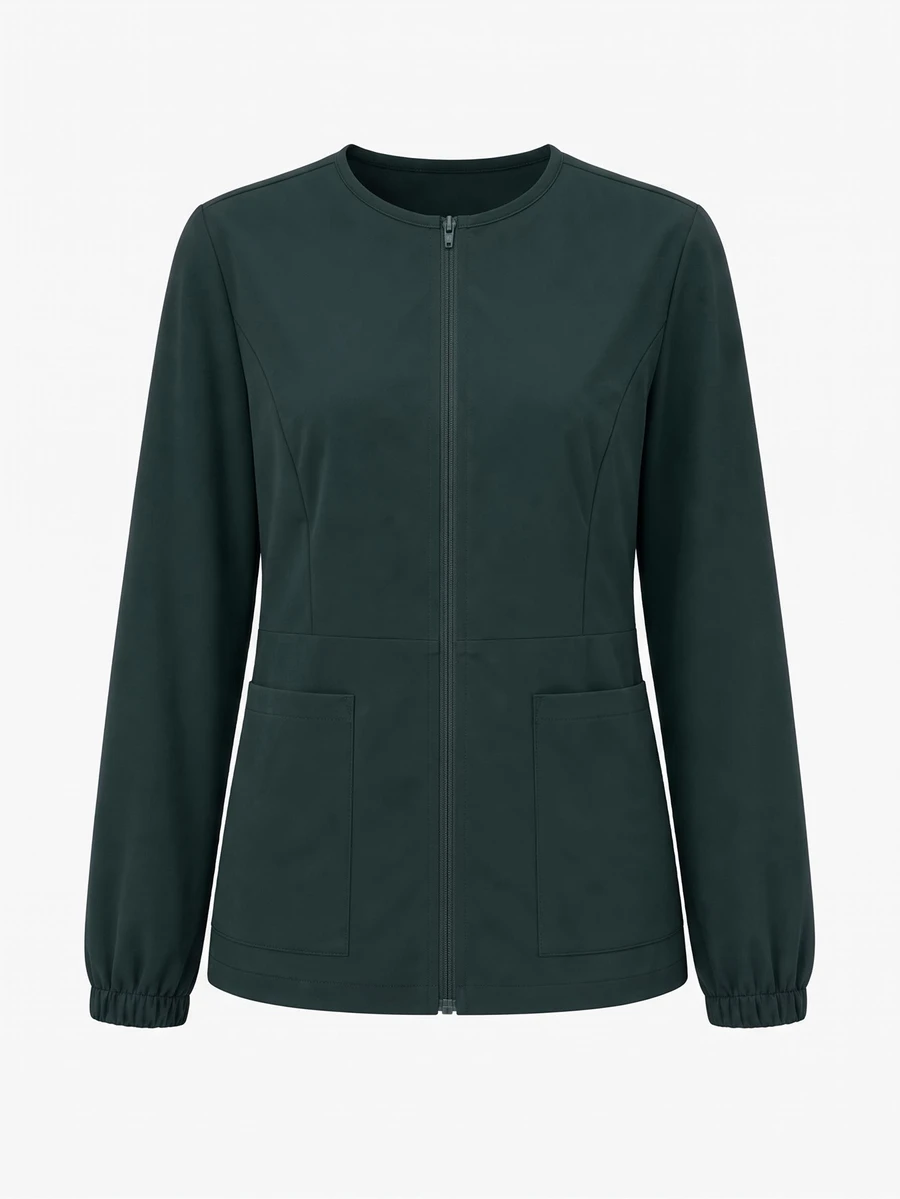 TaskEZ Navy Blue Long Sleeve Zip-Up Crew Neck Large Pocket Convenient Practical Comfortable Daily Scrub Uniform Jacket - Dark Green - View 1