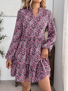 SHEIN LUNE Women's Notched V-Neck All-Over Print Casual Boho Vintage 70s Party Everyday Brunch Date Travel Dress Black Floral Fall - Multicolor - View 5