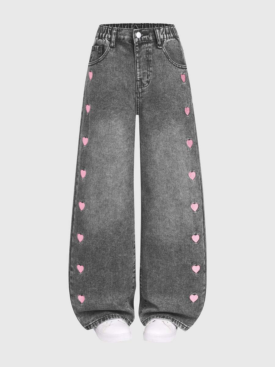SHEIN 女童 Y2K 風格粉色愛心刺繡直筒寬鬆修身牛仔褲，舒適優質棉質丹寧，中藍色洗白效果，柔軟棉質布料，適合日常穿著、度假、上學、通勤、派對、節慶 - 灰色 - 查看 1
