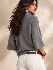 Glimmora Women's New Loose Casual Elegant Knit Turtleneck Pullover Sweater - Grey - View 2