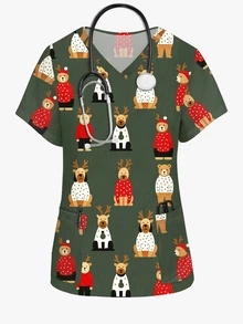 PopScrub Women's All-Over Print V-Neck Casual Daily Scrub Uniform Short Sleeve Top - Multicolor - View 1