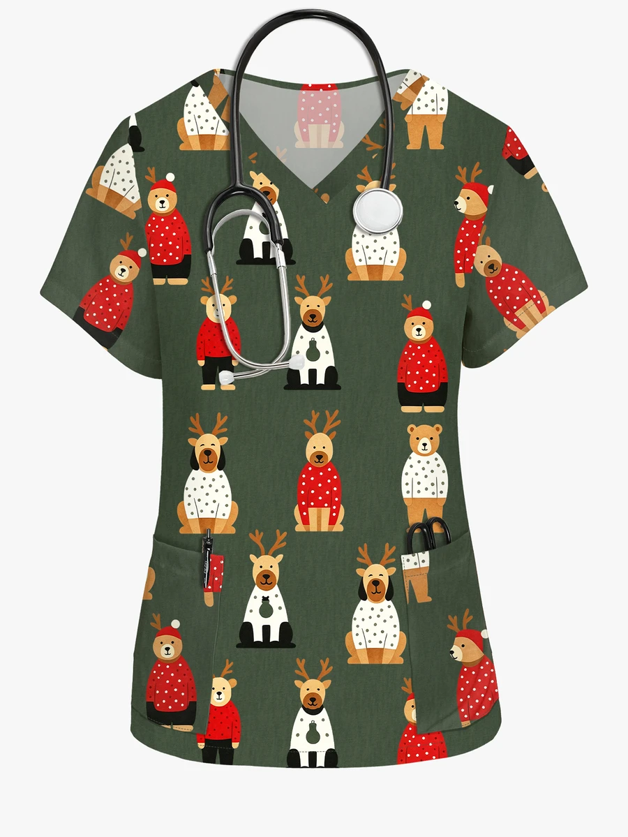 PopScrub Women's All-Over Print V-Neck Casual Daily Scrub Uniform Short Sleeve Top - Multicolor - View 1