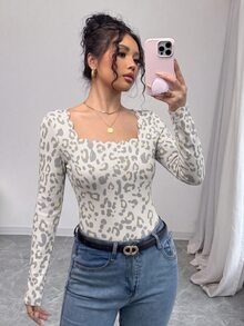 INAWLY 黑色法式優雅波浪邊方領長袖修身女款T恤 - 灰色 - 查看 3
