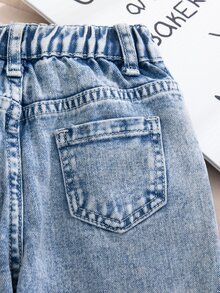 女童可愛愛心毛巾刺繡牛仔褲，兒童復古淺藍水洗毛圈布3D愛心寬腿褲，幼兒時尚鬆緊腰直筒寬腿長褲 - 淺色水洗藍 - 查看 5
