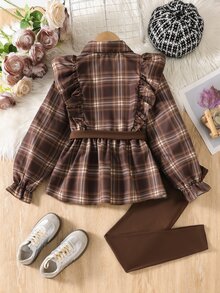 SHEIN Vintaside Kids 女童格紋梭織布長袖襯衫洋裝，附荷葉邊飾邊、腰帶與內搭褲套裝 - 棕色 - 查看 2